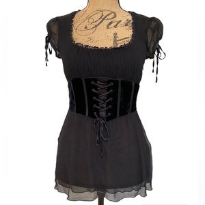 🖤SOLD🖤Vintage Y2K Bebe Women’s Small Black Velvet Corset Sheer Romantic Top